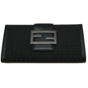 Fendi Double Hook Long Wallet Canvas Leather Black